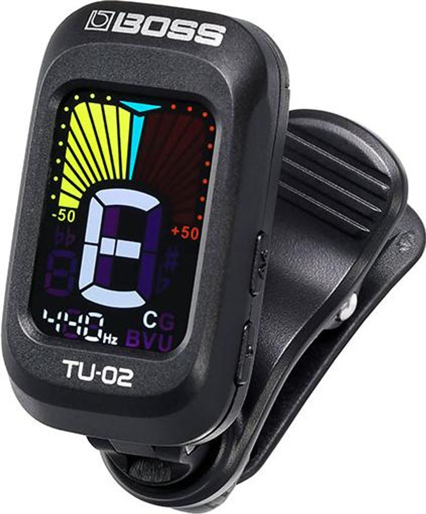 BOSS TU-02 Clip-On Stimmgerät mit drehbarem Farbdisplay und vier Tuning-Modi für Gitarre Bass Ukulele