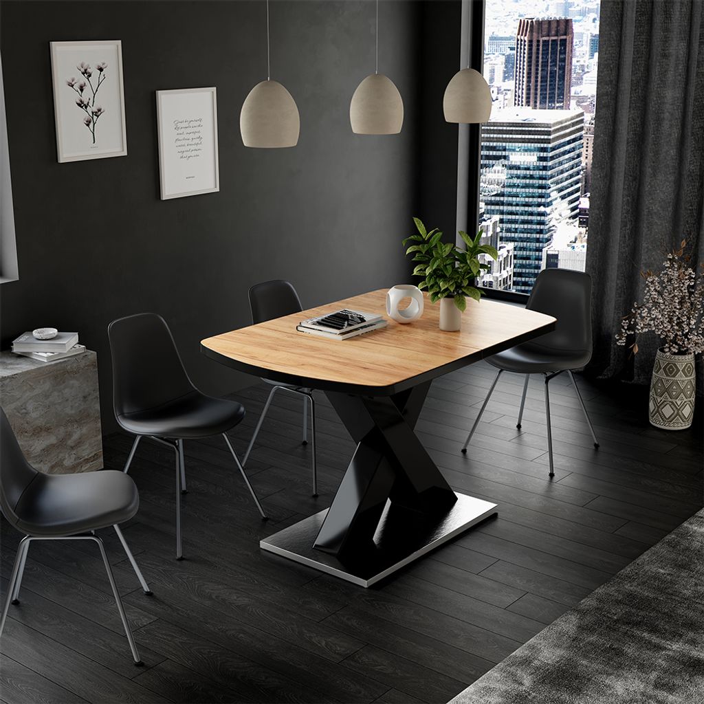 Esstisch Vicco Chinto Schwarz/Eiche rustikal 120 x 80 cm ausziehbar, Model 51274