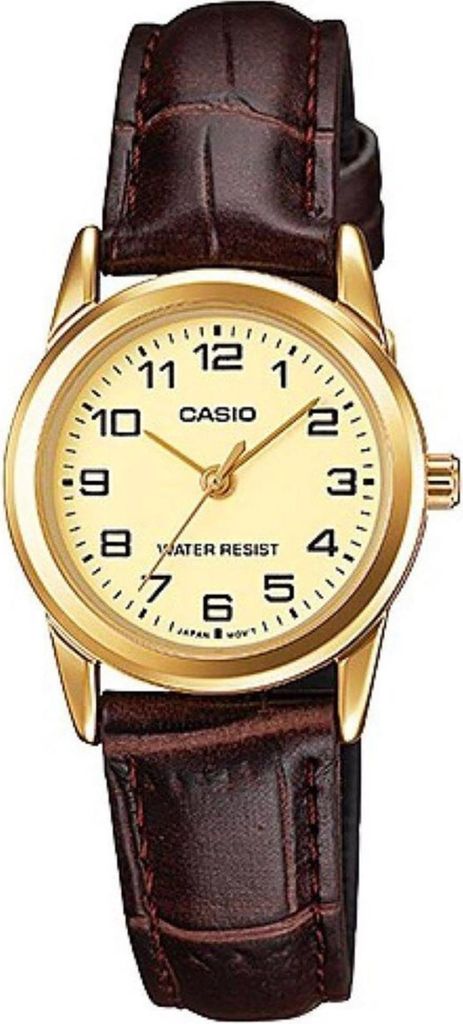 A close-up studio shot of a women's analog wristwatch with a gold-tone case and a cream-colored dial, featuring a brown leather strap.