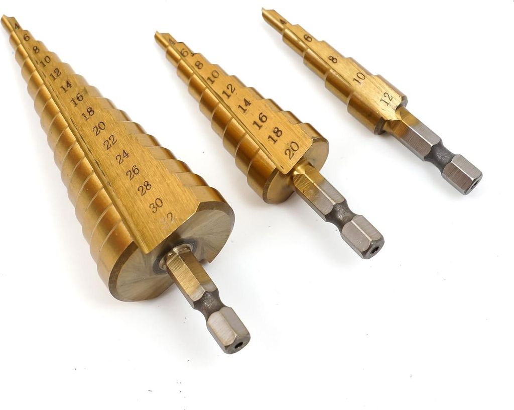 Allecto Plus - 3-teiliges Stufenbohrer-Set aus HSS TiN mit Schälbohrer, Kegelbohrer und Dünnbohrer - Professionelles Kegelbohrer-Set (4-12/4-20/4...