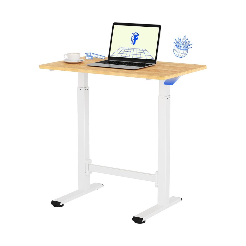 A standing desk with a laptop and a cup of coffee on it.