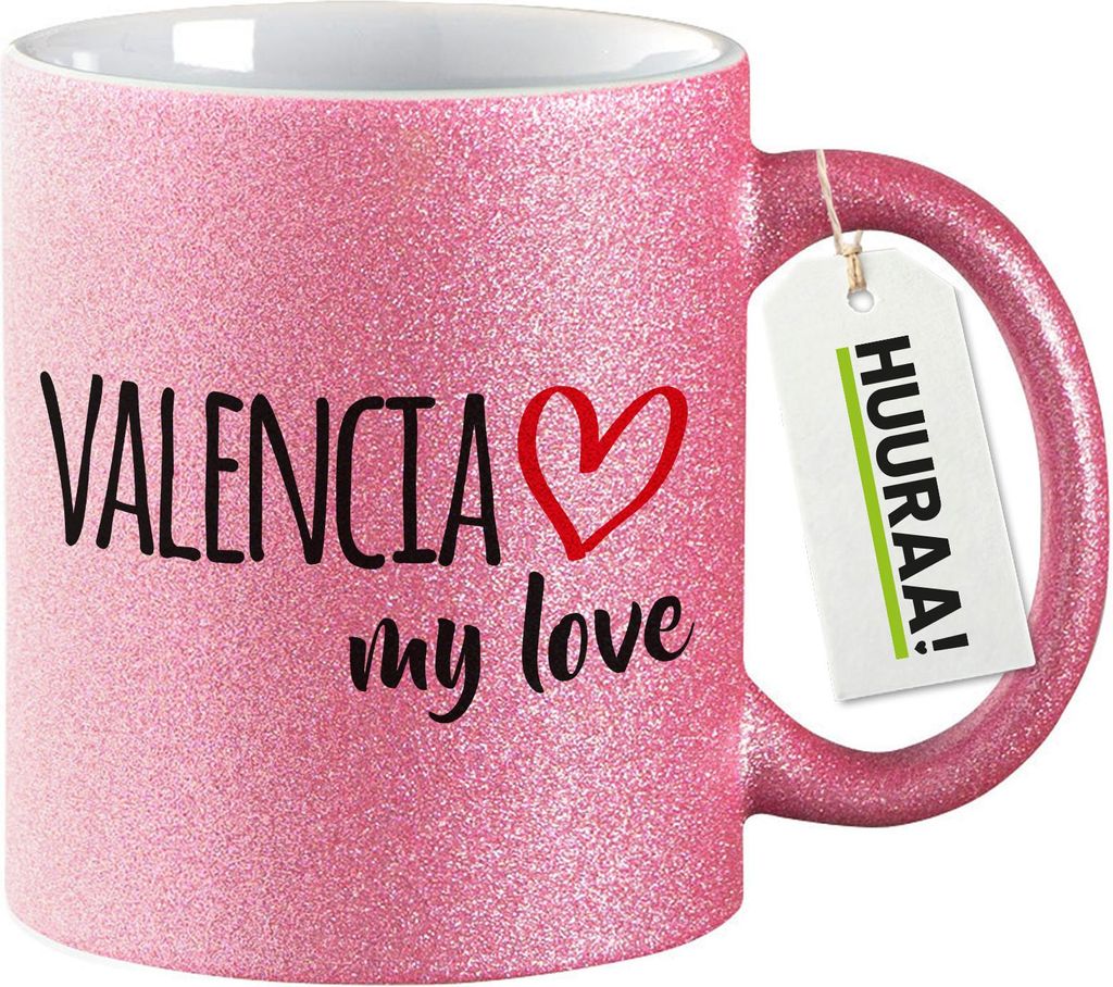 Huuraa Glitzertasse Valencia my love 330ml Pink Keramik Kaffeebecher Geschenkidee