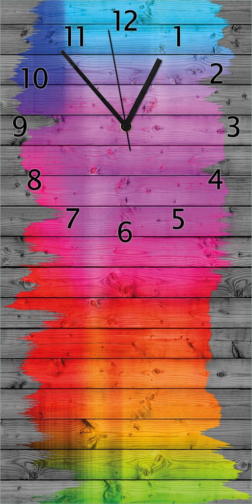 Wallario Design Wanduhr bedruckt, Größe 30 x 60 cm, Motiv: Holzpaneel - Bemaltes buntes Holz
