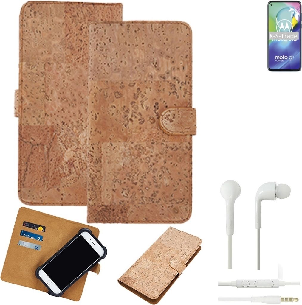 K-S-Trade Hülle kompatibel mit Motorola Moto G8 Power + in ear Kopfhörer Kork Handyhülle Cover Schutzhülle TPU Case Bumper in Hellbraun, (1x)
