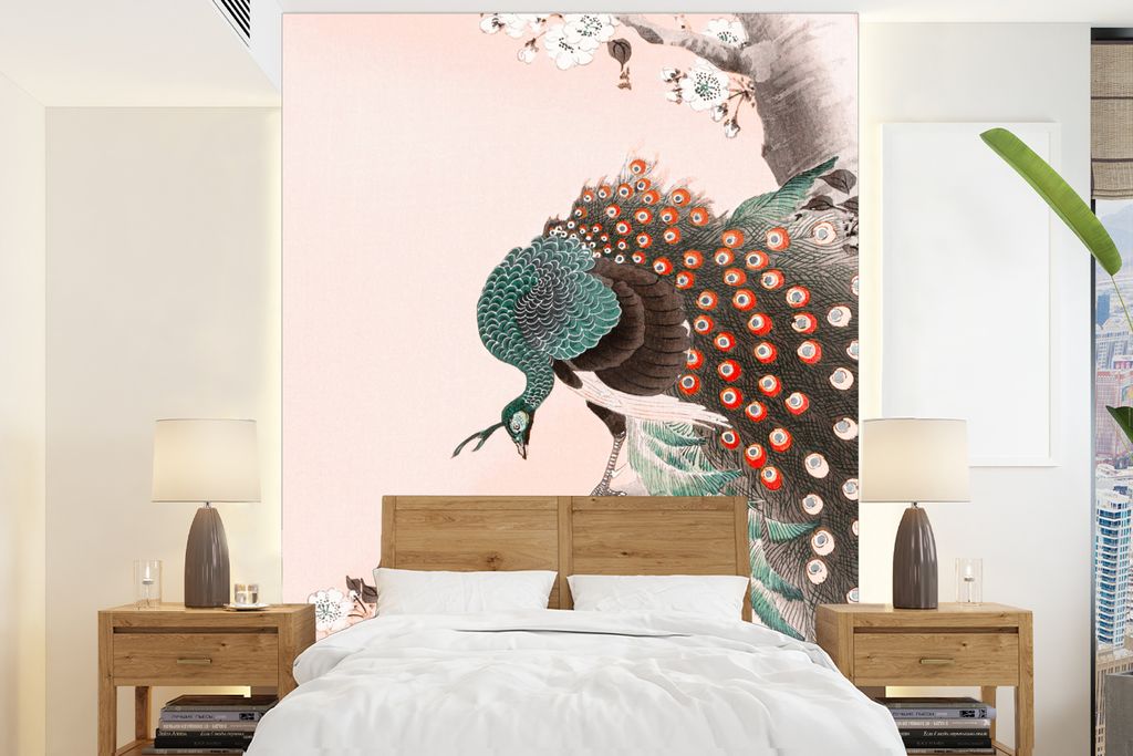 MuchoWow Fototapete für Wohnzimmer oder Schlafzimmer Wandtapete Vinyl Motivtapete Vintage - Pfau - Japanisch - Pfauenfedern - 165x220 cm - Wandd...