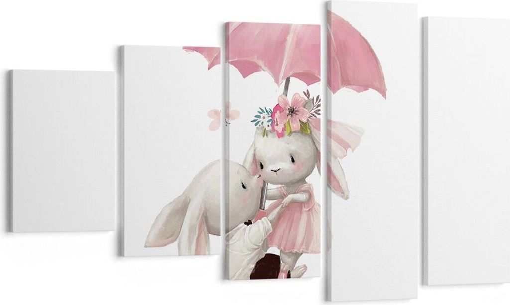 Bild auf Leinwand - Leinwandbild - 5 Teile - Hasen Regenschirm Kinder - 100x60cm - Wand Bild - Wanddeko - Wandbilder - Leinwanddruck - Bilder - Wan...