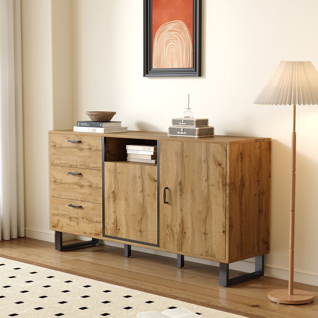 AIORBER Kommoden Sideboard, mit 3 Schubladen, 2 Türen, 1 offenen Fächern, viel Stauraum, zweifarbiges Design, für Esszimmer, Wohnzimmer, 150x38x...