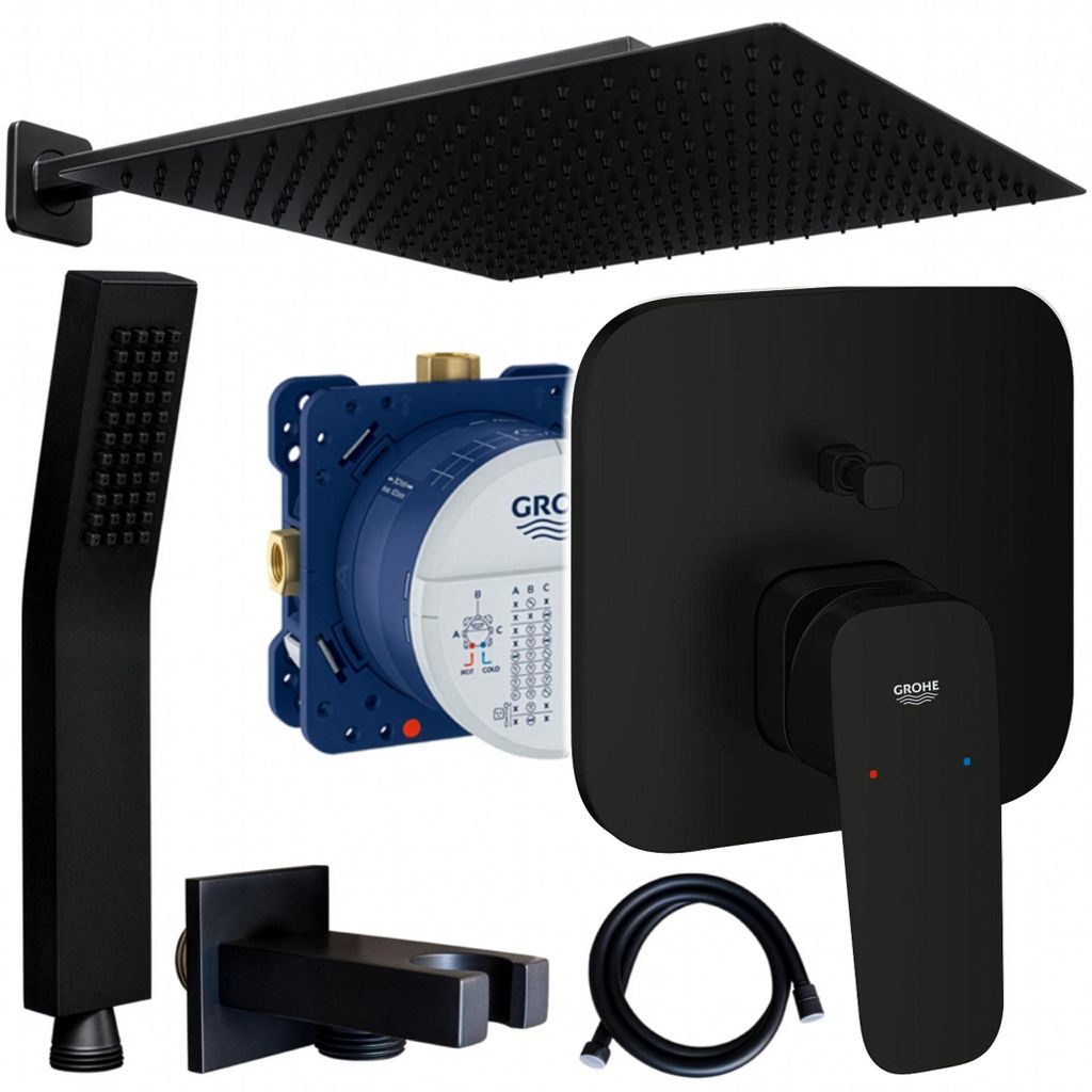 Grohe und Jowi Unterputz Duschsystem Schwarz, Cubeo Duscharmatur, 360x360mm Kopfbrause