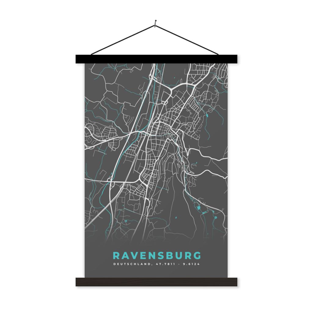 MuchoWow Textilposter Karte - Ravensburg - Blau - Stadtplan - Deutschland 60x90 cm mit schwarzem Rahmen - Poster Wohnzimmer