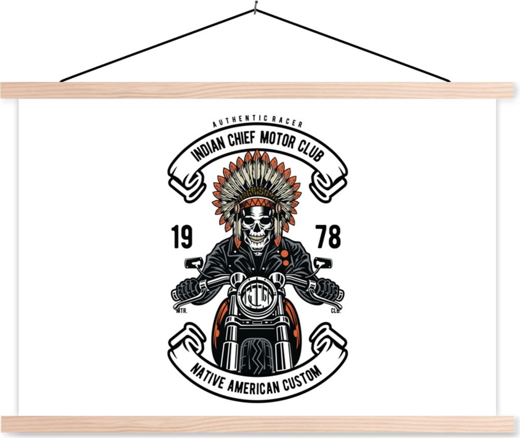 MuchoWow Textilposter Skelett - Motor - Indianerzeichen - Vintage 60x40 cm mit holzfarbenen Rahmen - Bilder