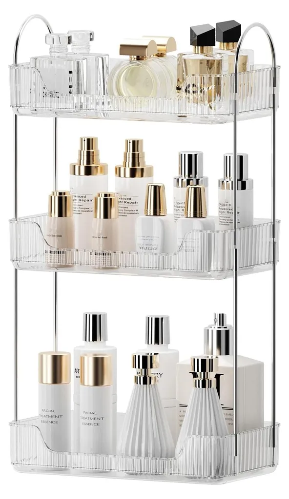 Rangement maquillage transparent 3 étages pour cosmétiques et soins