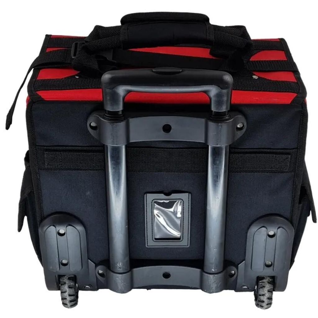 The back of a rolling tool bag.
