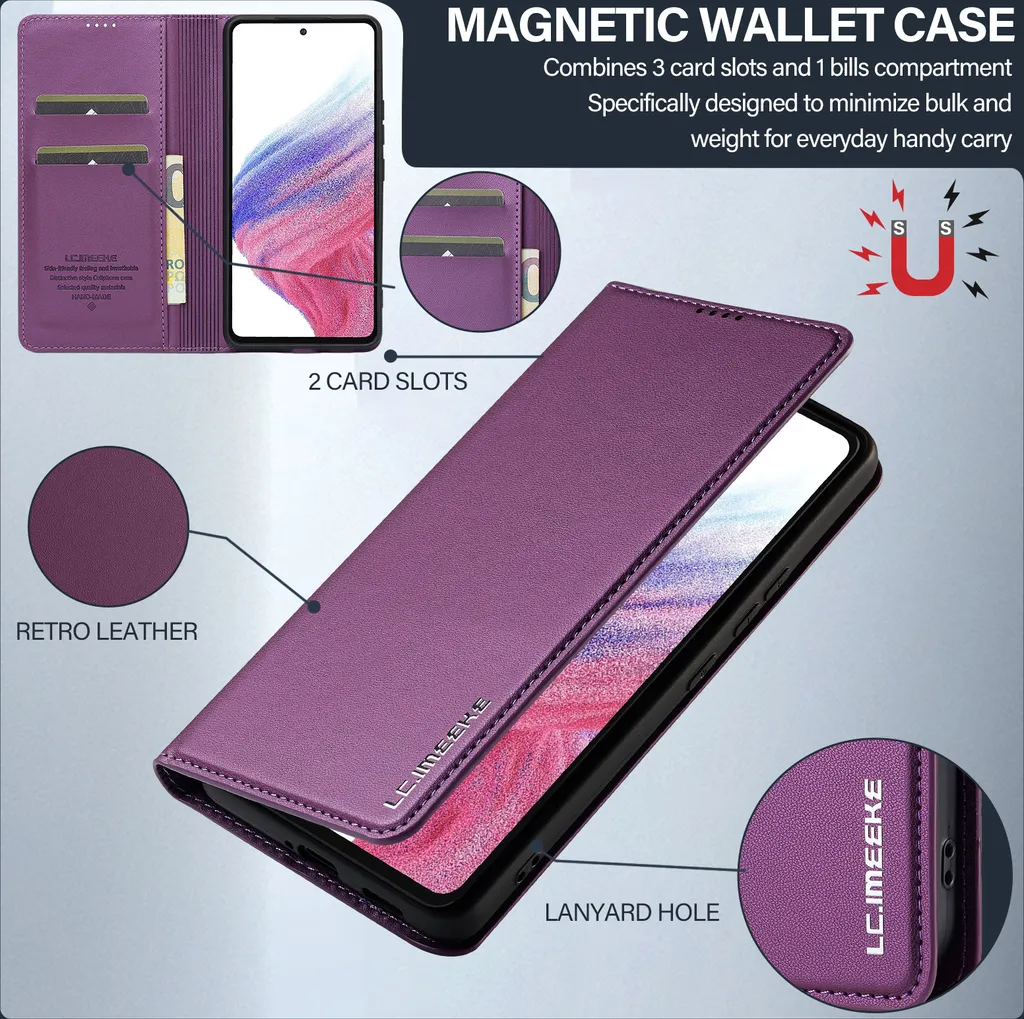Custodia magnetica in pelle flip per Samsung Galaxy A53 5G, con slot per schede e funzione stand Purple - 2