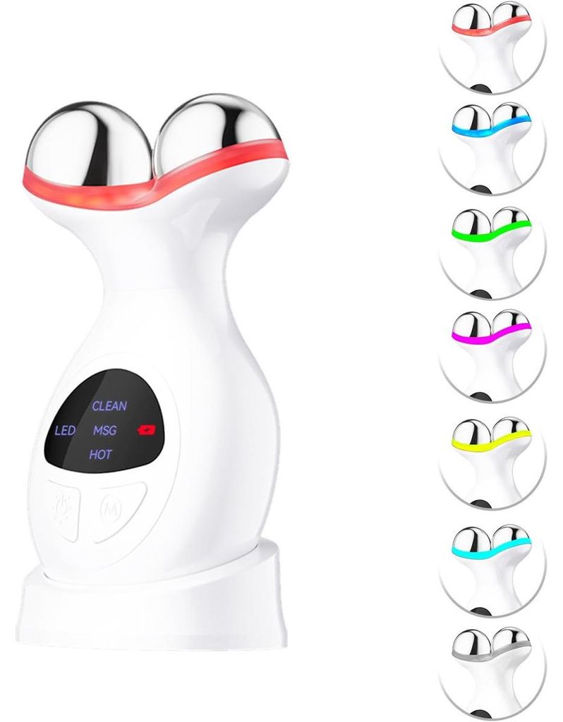 LED Gesichtsmassagegerät, Mikrostrom & Rotlicht, Hochfrequenz Vibration, Wärme, Anti-Falten, V-Gesicht, Tragbar