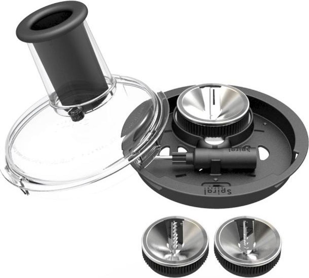 A set of spiralizer attachments for a food processor, including a lid, a feeding chute, and two cutting discs.