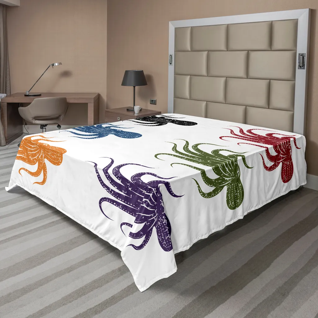ABAKUHAUS Lenzuolo con stampa calamaro, collezione Sea Nautical Aquatic Underwater Life Nature Graphics, lenzuolo morbido e confortevole per un letto decorativo 1 pezzo 260 cm x 228 cm, bordeaux verde nero