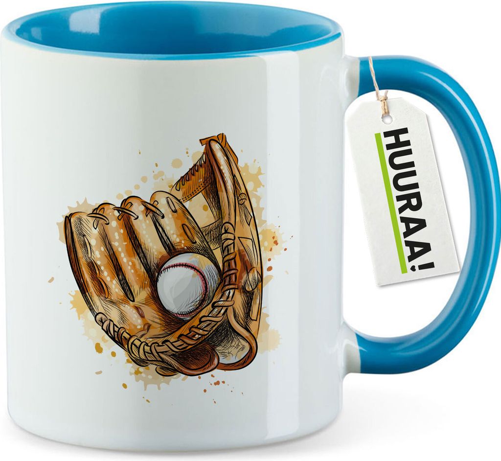 Huuraa Kaffeetasse Baseballhandschuh und Ball Spieler bunte Silhouette 330ml Blau Keramik Kaffeebecher Geschenkidee