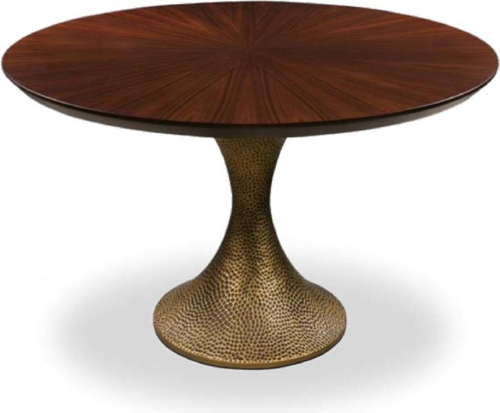 Casa Padrino Luxus Esstisch Braun / Antik Gold Ø 160 x H. 76 cm - Runder Küchentisch mit edler Eichenfurnier Tischplatte und Tischbein in gehämm...