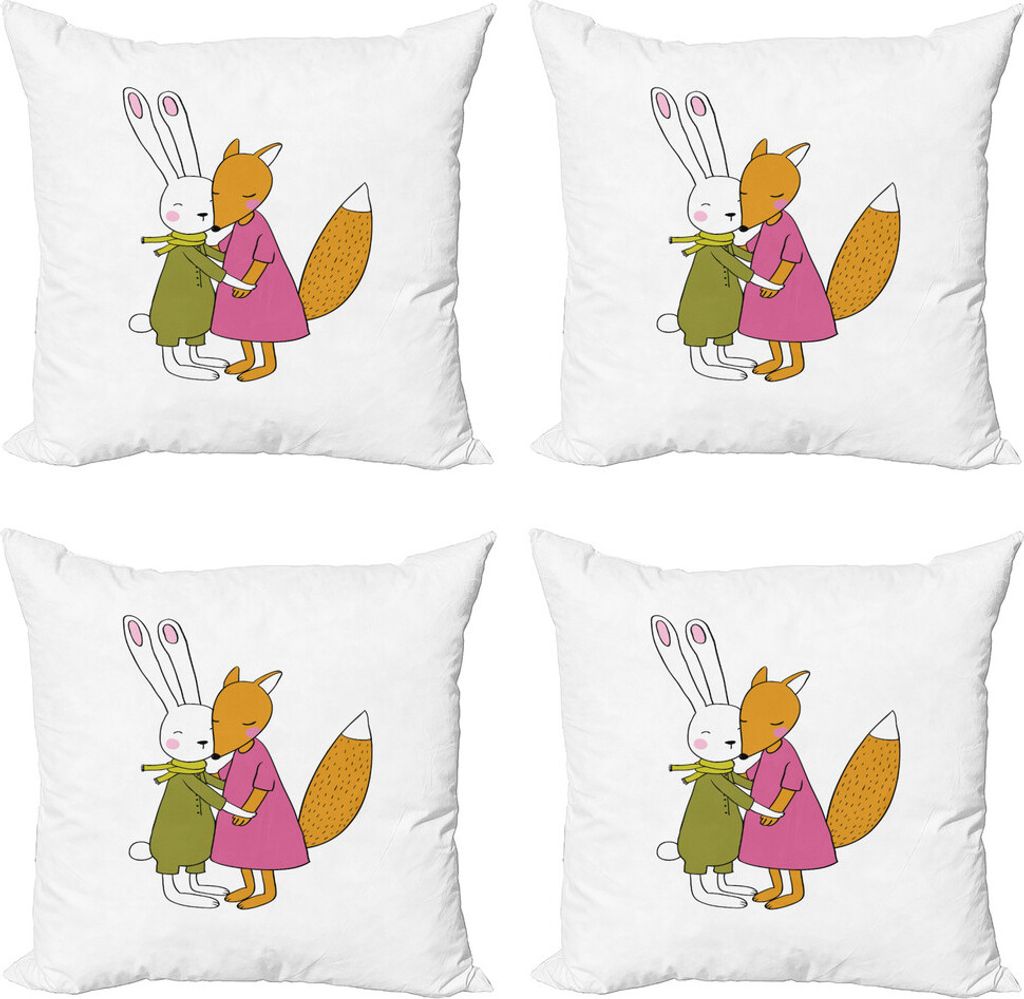 ABAKUHAUS Tier Kissenbezug Set (4 Stück), Fox und Hare Hugging, Moderner Doppelseitiger Digitaldruck, 60 cm x 60 cm, Rosa Bernstein Olivgrün