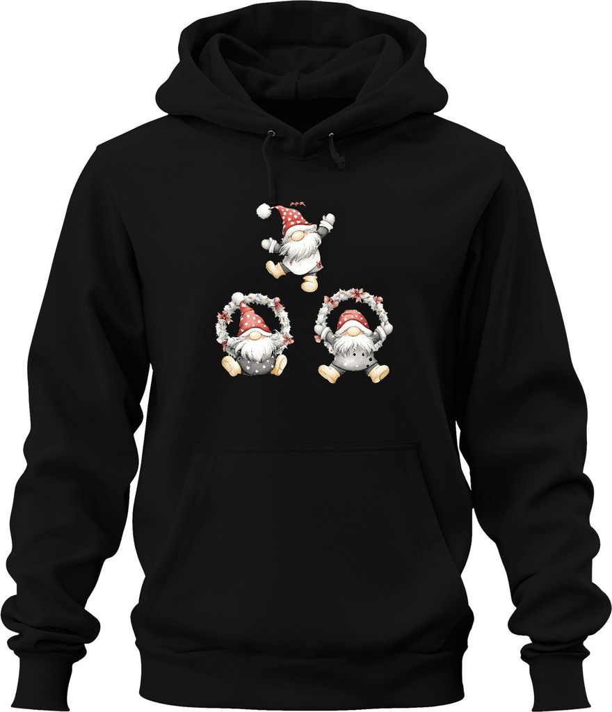 Weihnachtswichtel Kranz Skandinavisch Niedlich Aquarell Geschenk Uni Hoodie Kapuzenpullover, Schwarz, XL