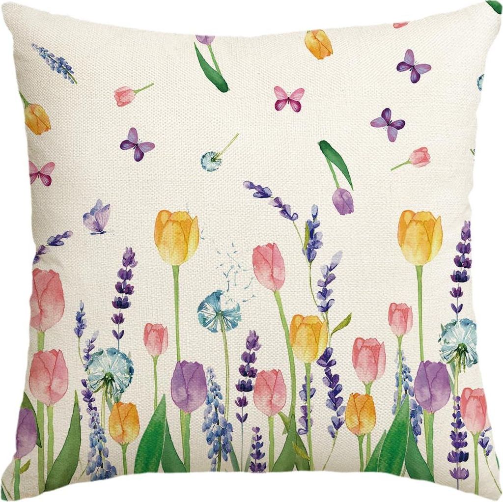 Dekorativer Kissenbezug Ostern Beige Tulpen Lavendel Schmetterlinge 45x45 cm