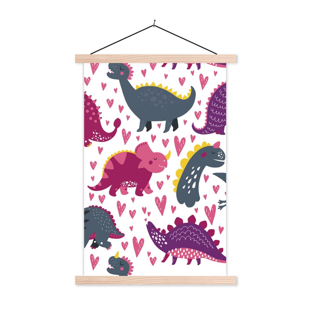 MuchoWow Textilposter Dino - Herz - Muster - Rosa - Mädchen - Dinosaurier 40x60 cm mit holzfarbenen Rahmen - Poster