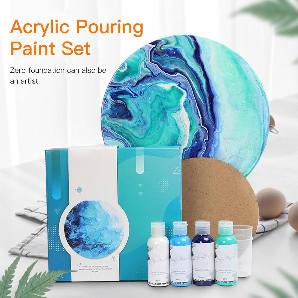 Acryl-Gießfarbe, Set mit 4 Flaschen (60 ml), Flüssigkeit mit hohem Durchfluss für Leinwand, Holz, Stein, Glas, Fliesen, Papier