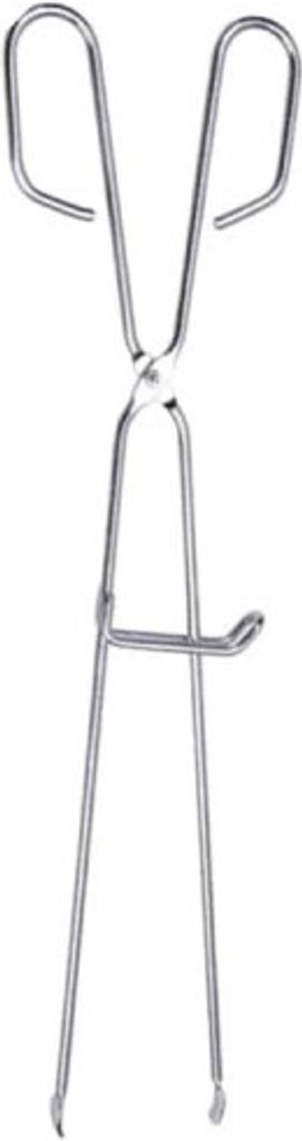 A stainless steel kitchen tong on a white background.