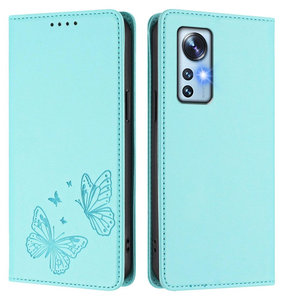 Lederhülle für Xiaomi 12 /Xiaomi 12X /Xiaomi 12S, Schmetterling Prägung Leder Brieftasche Schutzhülle mit Ständer Türkis