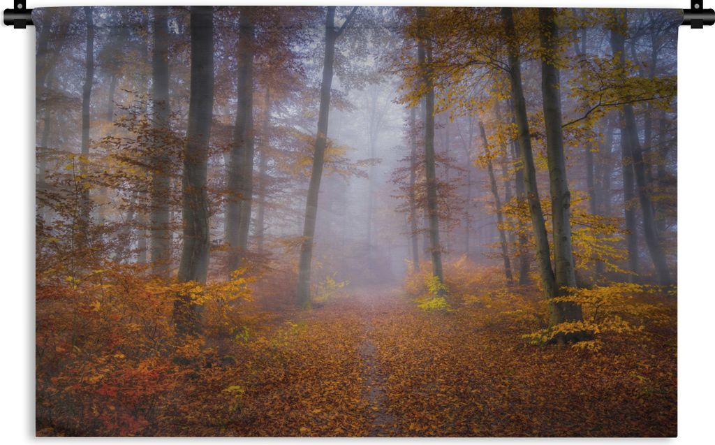 MuchoWow Wandteppich Wandbehang Weg durch den Wald - Herbst - Nebel - Waldweg - Bäume und Pflanzen - Laub 90x60 cm Tapisserie Dekoration Wandtuc...