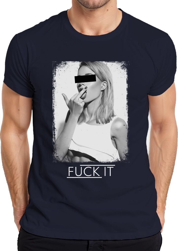 F*ck It Slogan Mittelfinger frech provokativ Statement Sarkasmus Herren T-Shirt, Navy, S