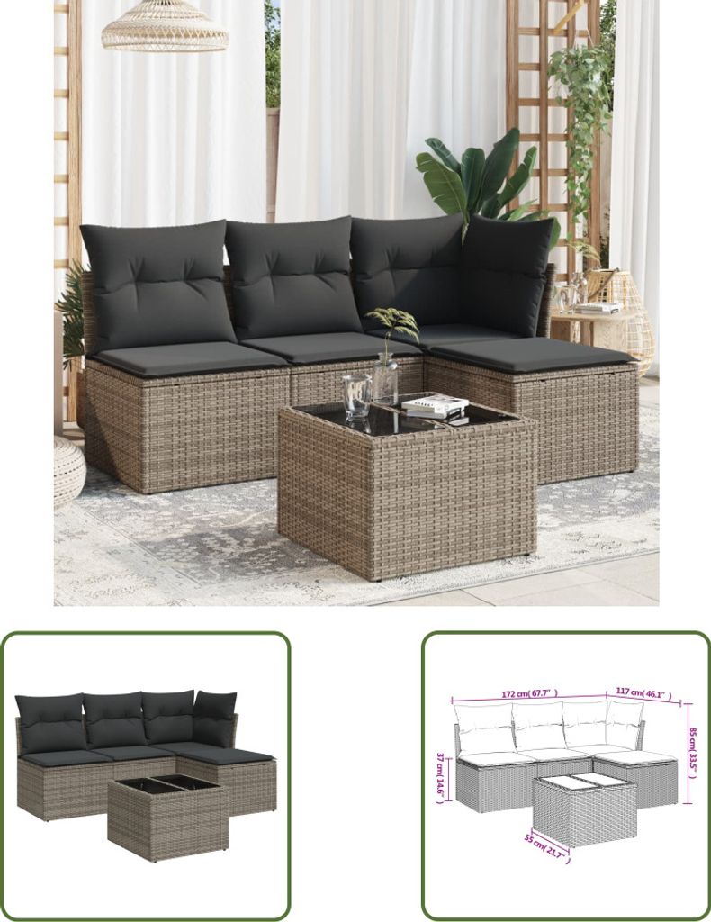 The Living Store 5-tlg. Garten-Sofagarnitur mit Kissen Grau Poly Rattan