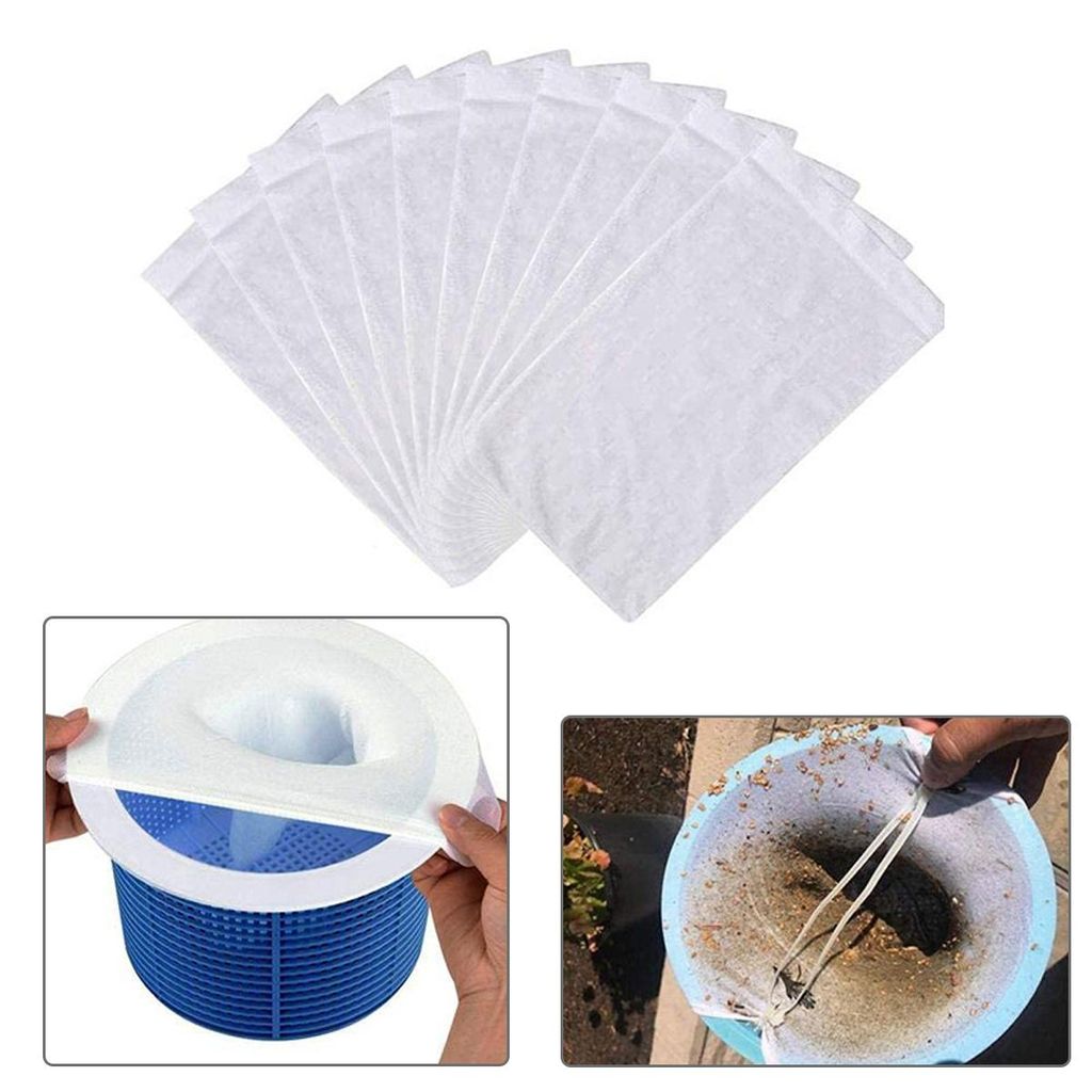 A collage showing a stack of white pool skimmer socks, a close-up of a hand placing a sock into a blue skimmer basket, and a used skimmer sock filled with debris.