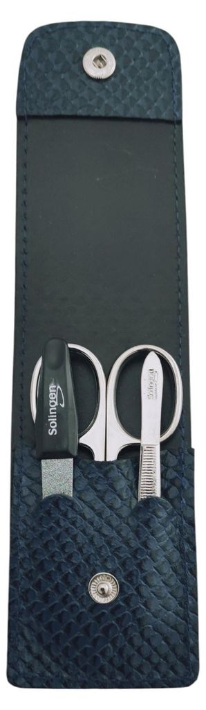 Solingen Maniküre Set 3-teilig – Nagelschere, Pinzette & Saphirfeile – Echtleder Etui Germany Dunkelblau / Echse
