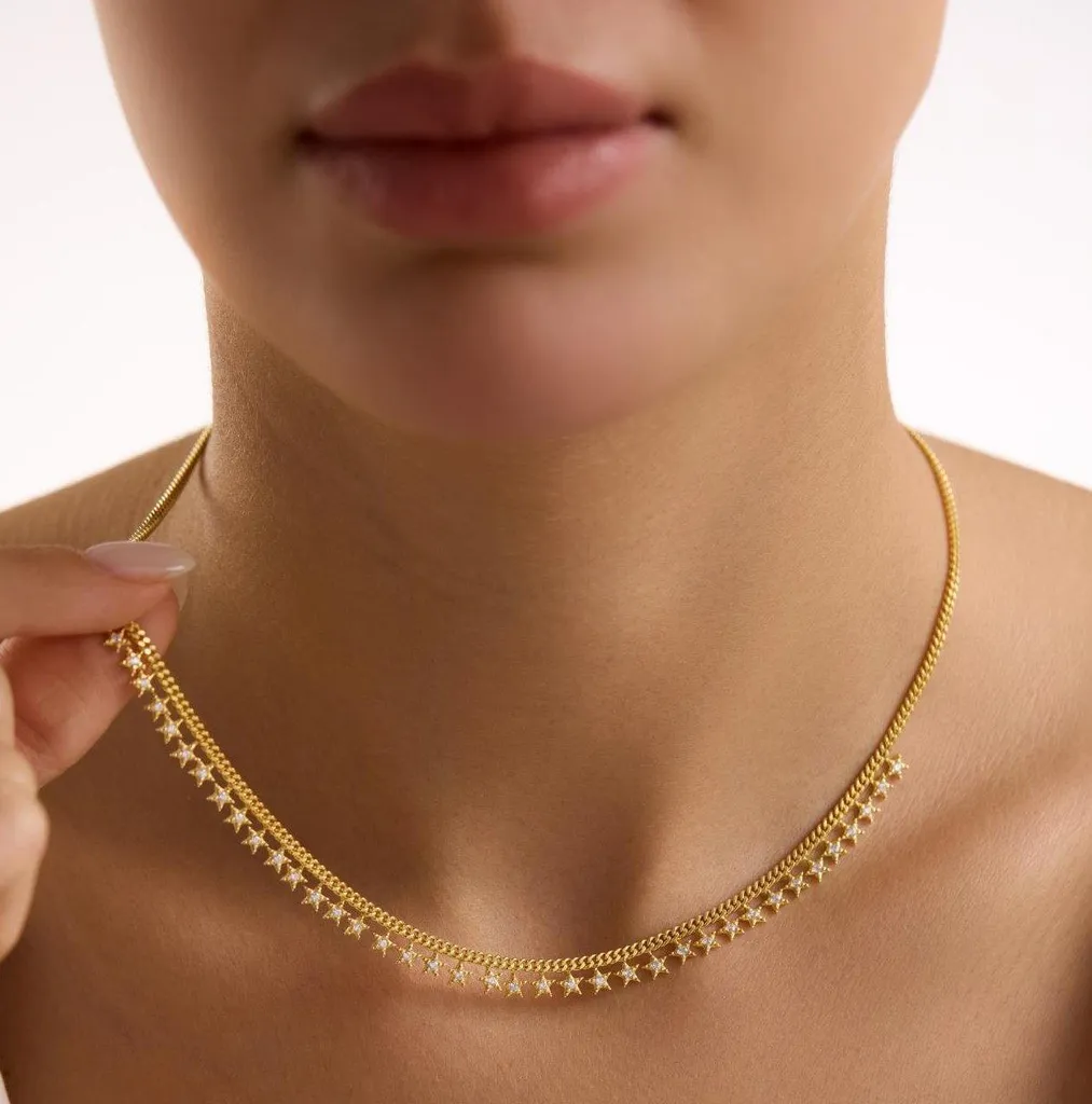 Collier gourmette argent 925 plaqué or et étoiles zircone étincelantes