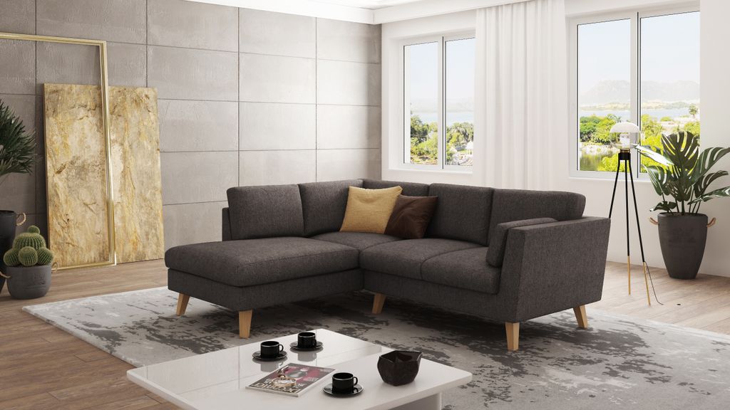 S-STYLE MÖBEL - Ecksofa mit Holzfüßen im skandinavischen Stil Elma aus Braun - Khaki Luxusmicrofaser - Ottomane links, B/T/H: 221 cm/ 186 cm/ 90 cm