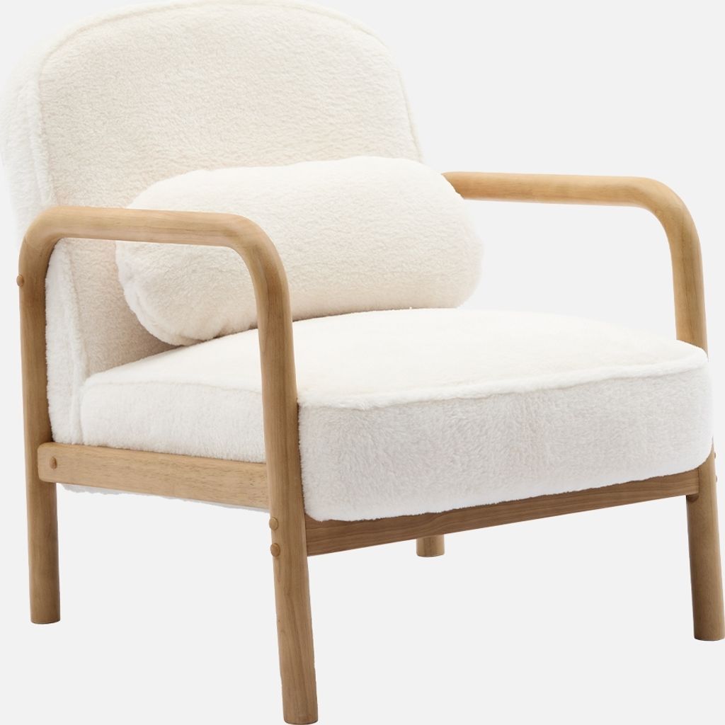 sweeek - Abgerundeter skandinavischer Sessel aus Hevea-Holz und Stoff in Kunstpelz- Look - Creme