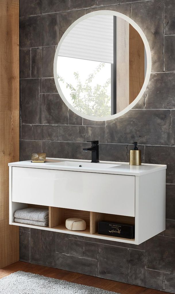 Badmöbel Set "Glide" in weiß Hochglanz und Eiche mit Waschbecken und LED Beleuchtung 100 x 190 cm