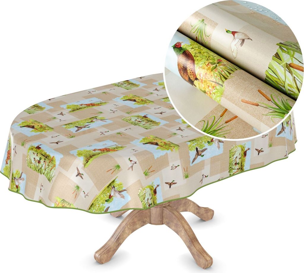 Tischdecke Wachstuch MIMOSA Tiere Grün Robust Wasserabweisend Oval Breite 140 cm Länge 180 cm