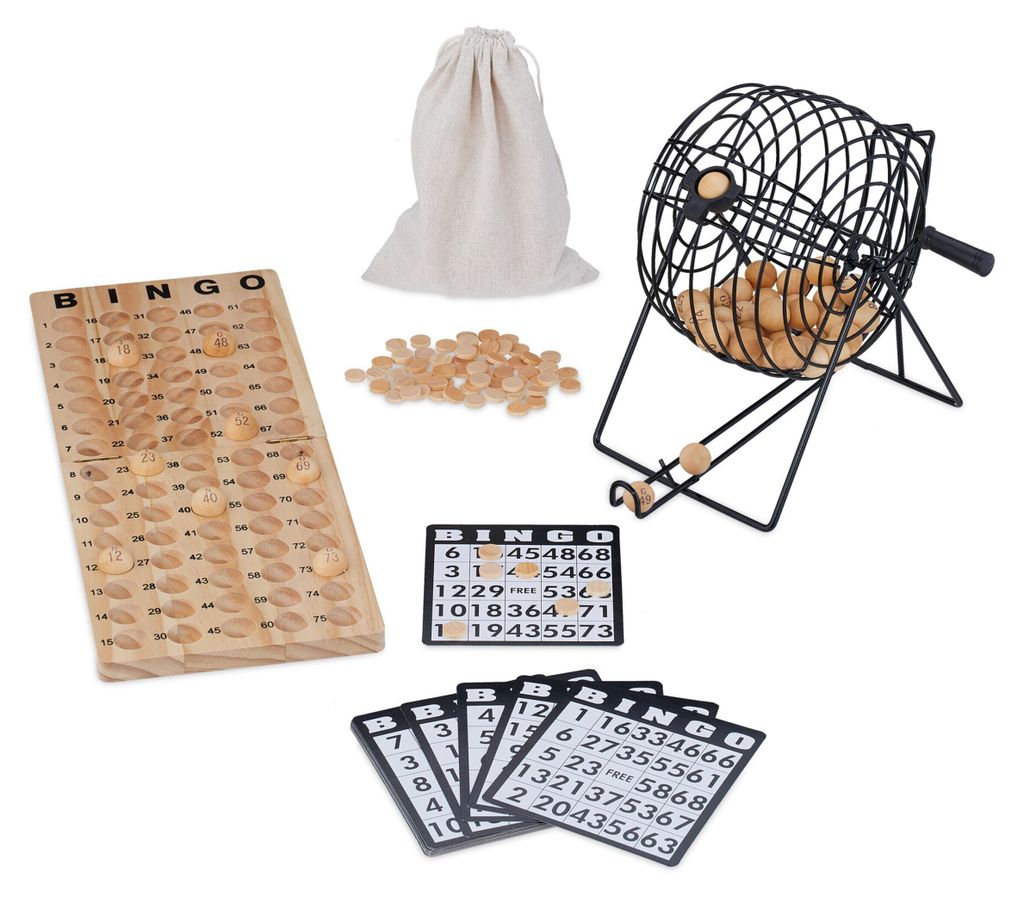 Gioco Bingo Relaxdays, tamburo, 75 palline, 18 cartelle, Immagine del prodotto 