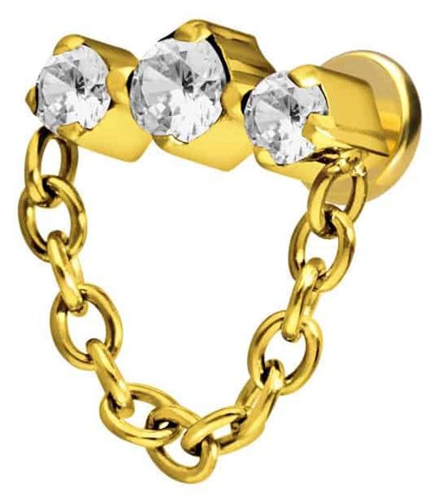 Ohrpiercing, Nasenpiercing Titan Labret mit Innengewinde 3 EINGEFASSTE KRISTALLE + KETTE Gold Stablänge: 7mm | Stabstärke: 1,6mm