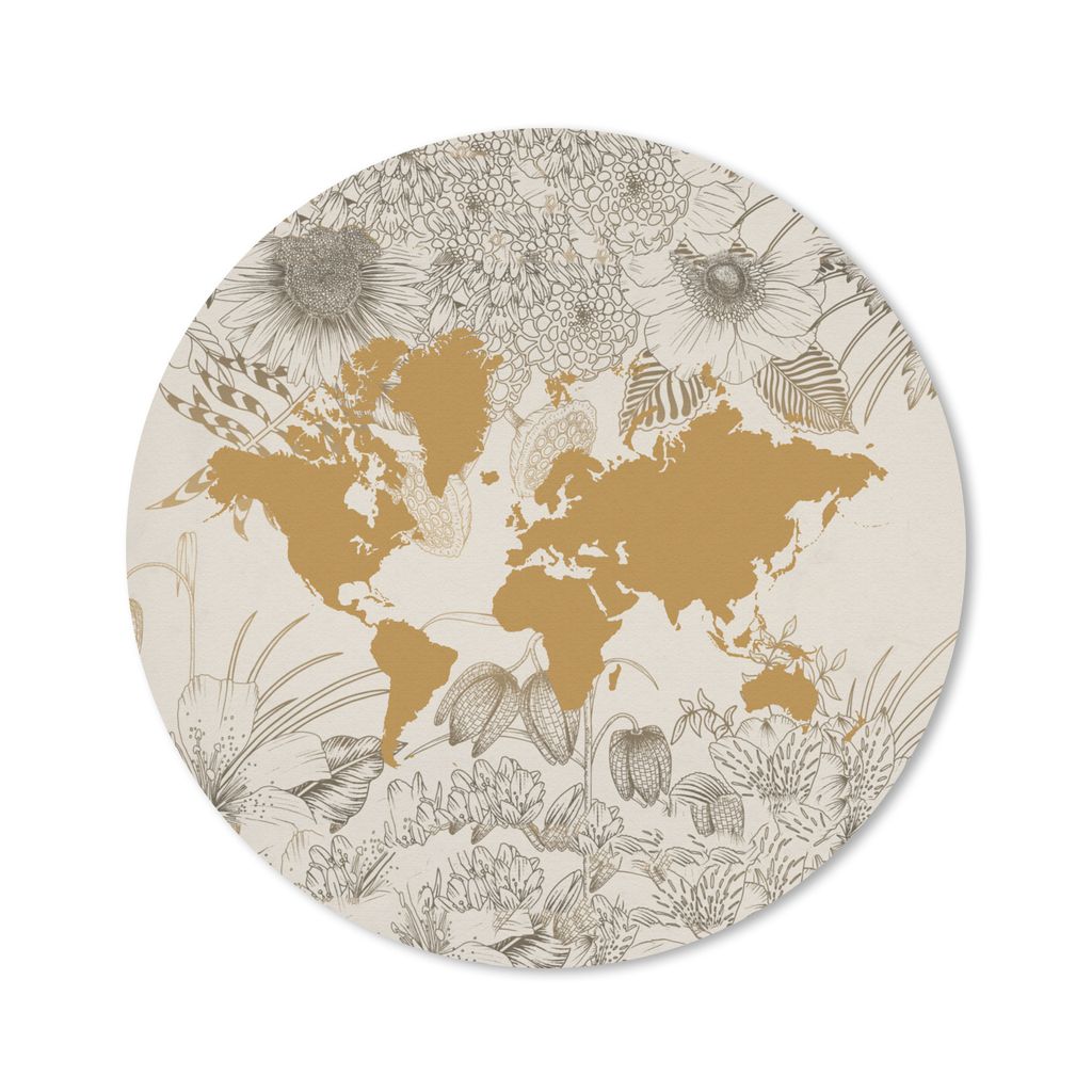 MuchoWow Mauspad Mousepad Weltkarte - Blume - Gold 50x50 cm - Mousepads - Maus Mat - Pad - Mausunterlage - Vinyl