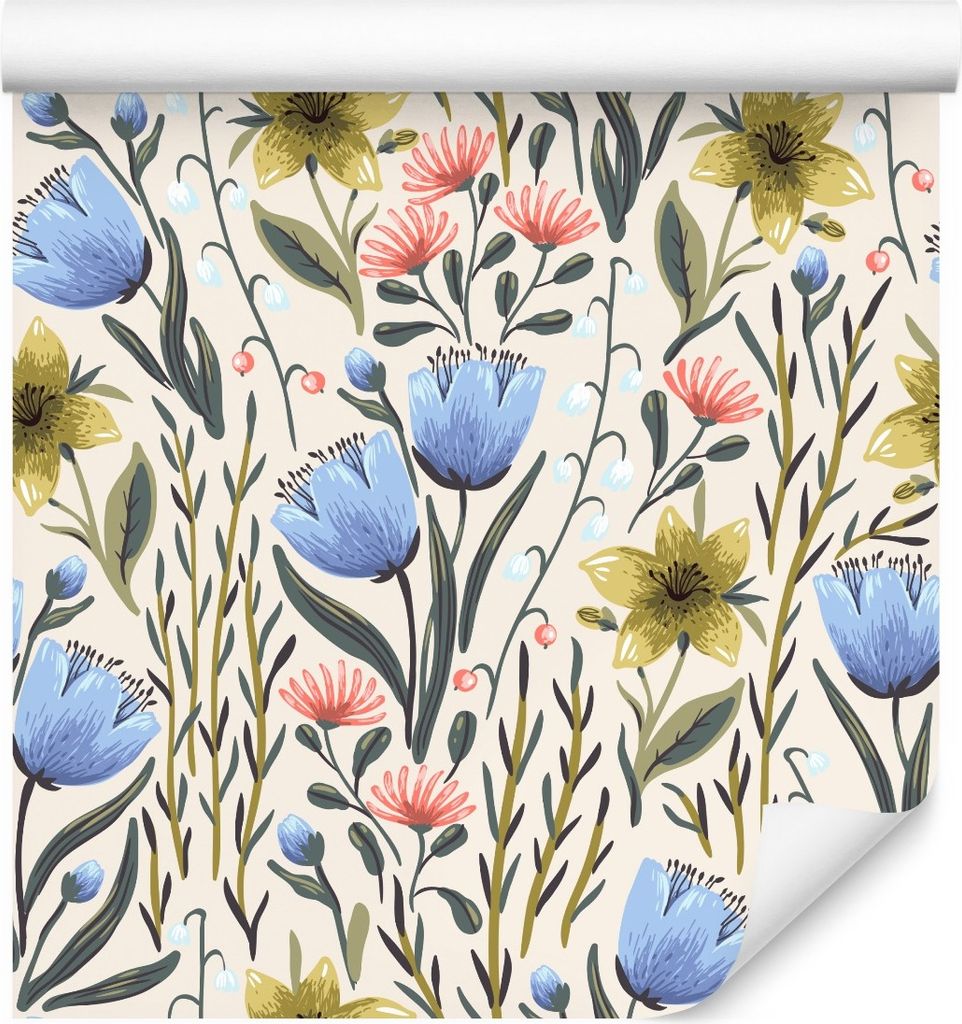 10m VLIES TAPETE Rolle Natur Blumen Tulpen Blätter Wiese Gemalt Flora XXL