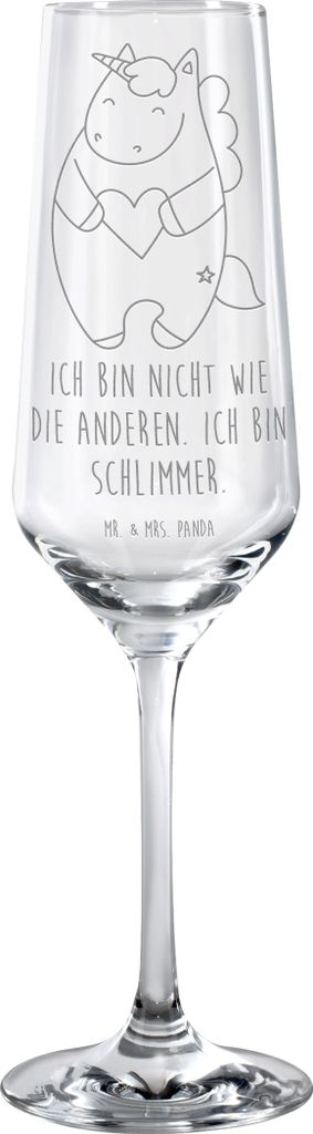 Mr. & Mrs. Panda Glas Einhorn Herz - Transparent - Geschenk, Unicorn, Bunt, Lustig, Sektglas, Champagnerglas, Sektflöte, Einhörner, Trinkglas, mi...