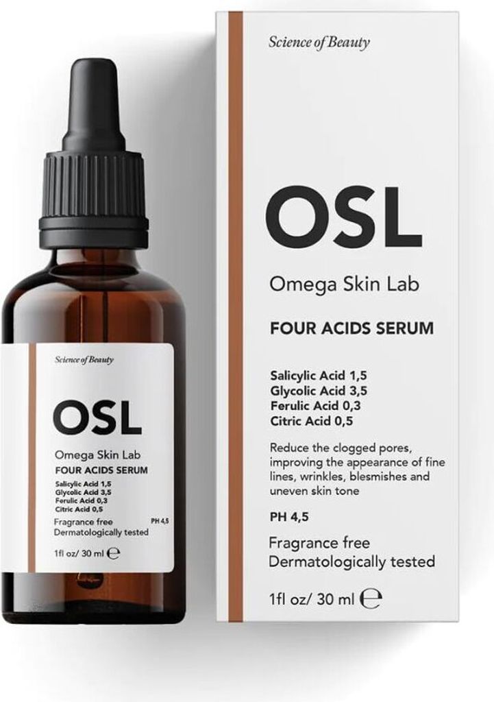 OSL Omega Skin Lab OSL Four Acids Serum 30 ml – Salicylsäure%1,5, Zitronensäure%0,5, Glykolsäure%3,5, Anti-Unreinheiten, Poren- und Talg-Balan...