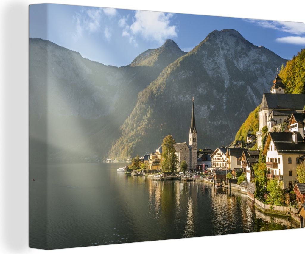 OneMillionCanvasses - Leinwandbilder - 140x90 cm, Die Sonne scheint auf Hallstatt in Österreich, Wandbilder Kunstdruck Wanddekoration