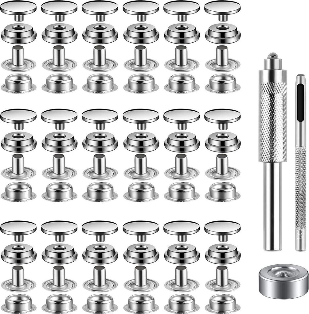 INF 15-mm-Schnappverschluss-Set – Werkzeugset mit Druckknöpfen Silber