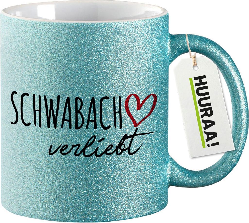 Huuraa Glitzertasse Schwabach verliebt 330ml Blau Keramik Kaffeebecher Geschenkidee