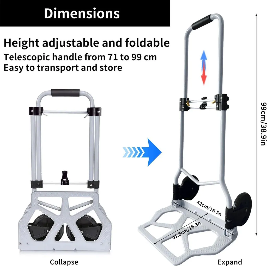 Diable pliable pour déménagement et courses - Charge 80 kg ajustable - 2