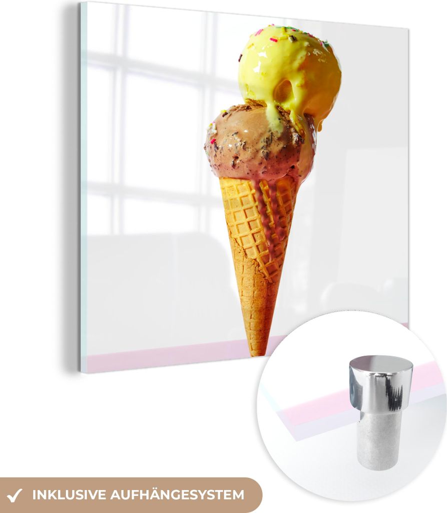 MuchoWow Glasbilder - Bilder auf Wandbild - Foto auf Glas Eiscreme mit gelber und brauner Kugel 20x20 cm Wanddekoration aus Glas - Acrylglasbild - ...